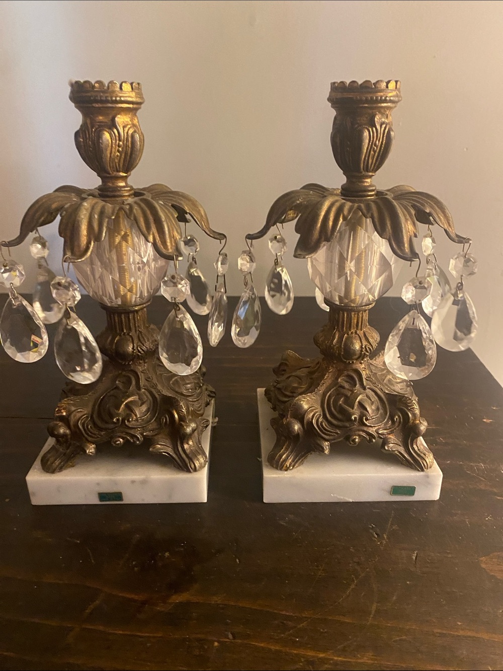 Vintage L&L WMC 1973 Hollywood Regency Brass & Marble Candlesticks - Set of 2 - Picture 2 of 6